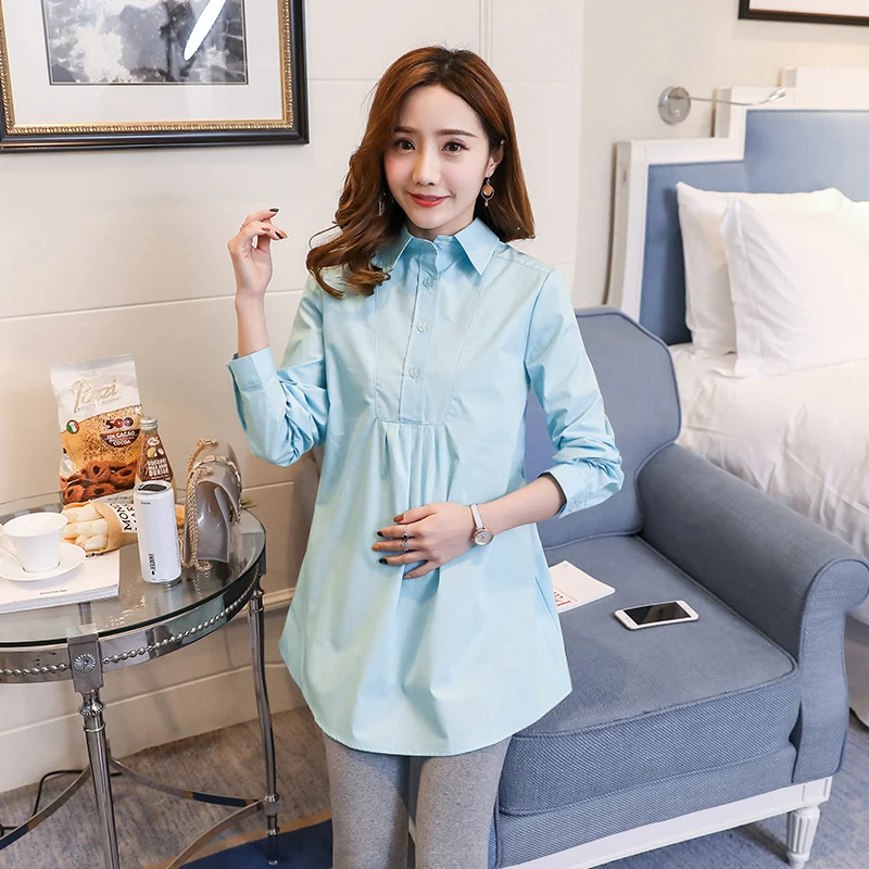 Sky Blue Одежда для беременных с длинным рукавом и отложным воротником; модная однотонная Офисная женская элегантная хлопковая рубашка; блузки для беременных женщин - Цвет: Sky Blue