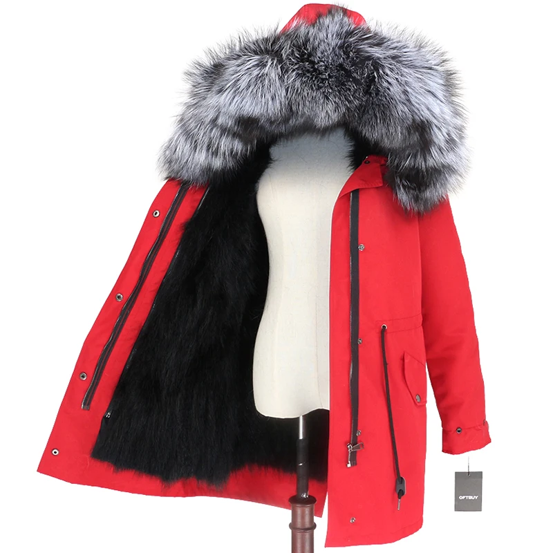 OFTBUY пальто с натуральным мехом, зимняя куртка для женщин, натуральный Лисий мех, водонепроницаемая парка, съемная верхняя одежда, Толстая теплая уличная одежда, бренд - Цвет: red black silver D
