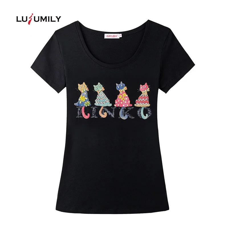 Женская футболка с рисунком кота Lusumily летняя хлопковая черная блестками и