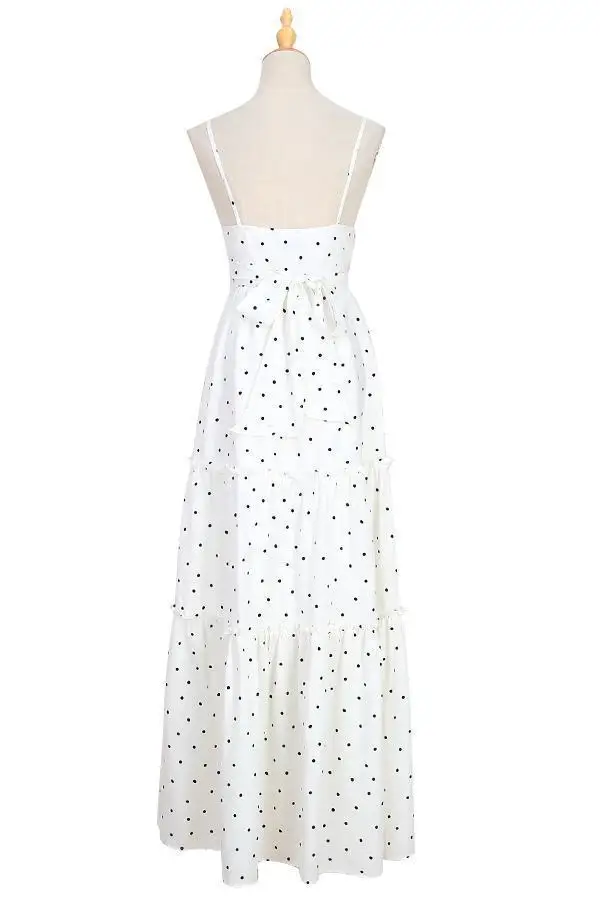Женское длинное пляжное платье в горошек белое вечернее макси с V-образным