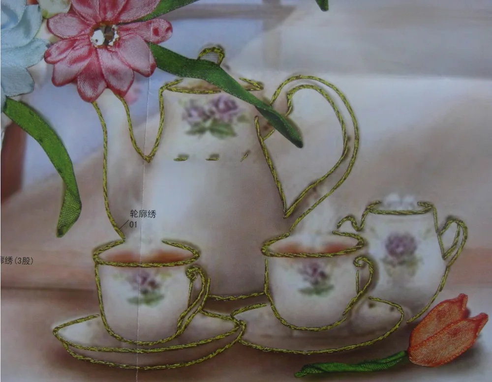 Рукоделие Набор для вышивки крестиком из ленты сделай сам ваза чайника Цветочная