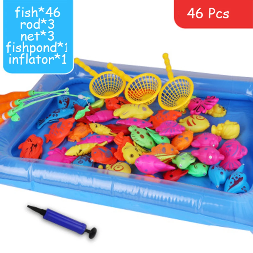

46pcs/lot With Inflatable pool Magnetic Fishing Toy Rod Net Set For Kids Early Education Model Play Fishing Games Outdoor Toys