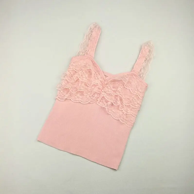Pink Лоскутная Милая Кружевная Трикотажная майка, топы для девочек, универсальный тонкий свитер, майки для женщин FL1274 - Цвет: Pink