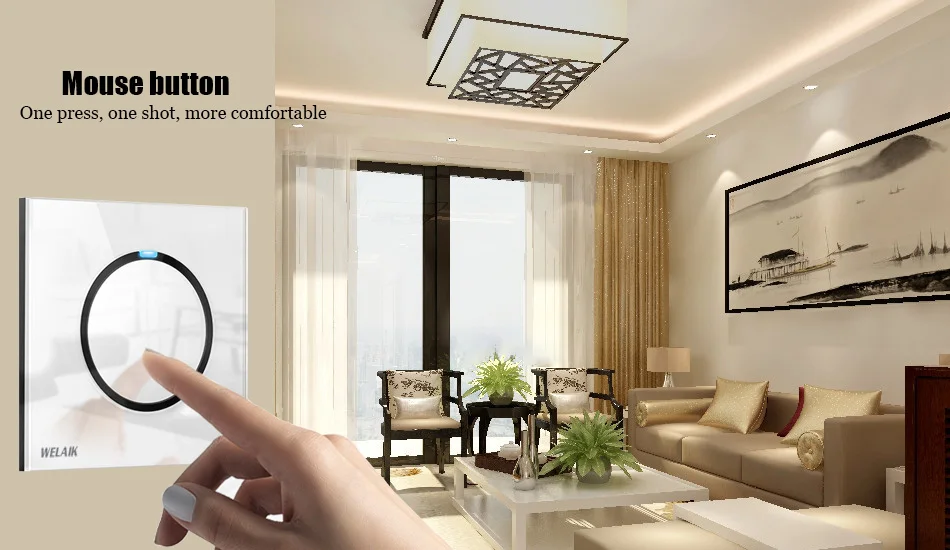 WELAIK UK standard-Crystal Glass-Panel Push-Button Switch-Wall Light-Switch AC110-250V 1Gang-1Way B1711W