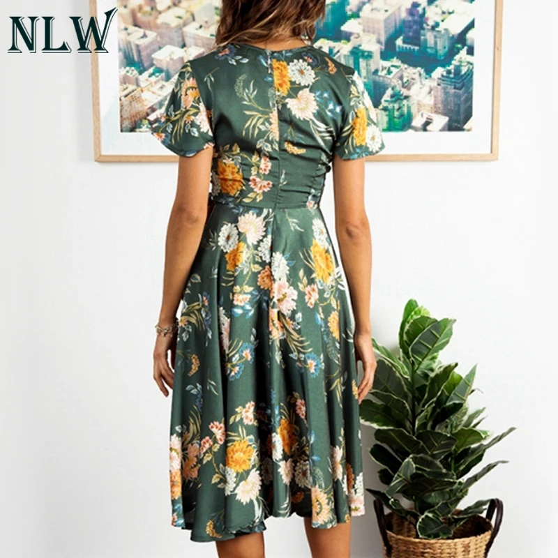 NLW женское элегантное зеленое платье с цветочным принтом Vestido Body wrap Пляжное