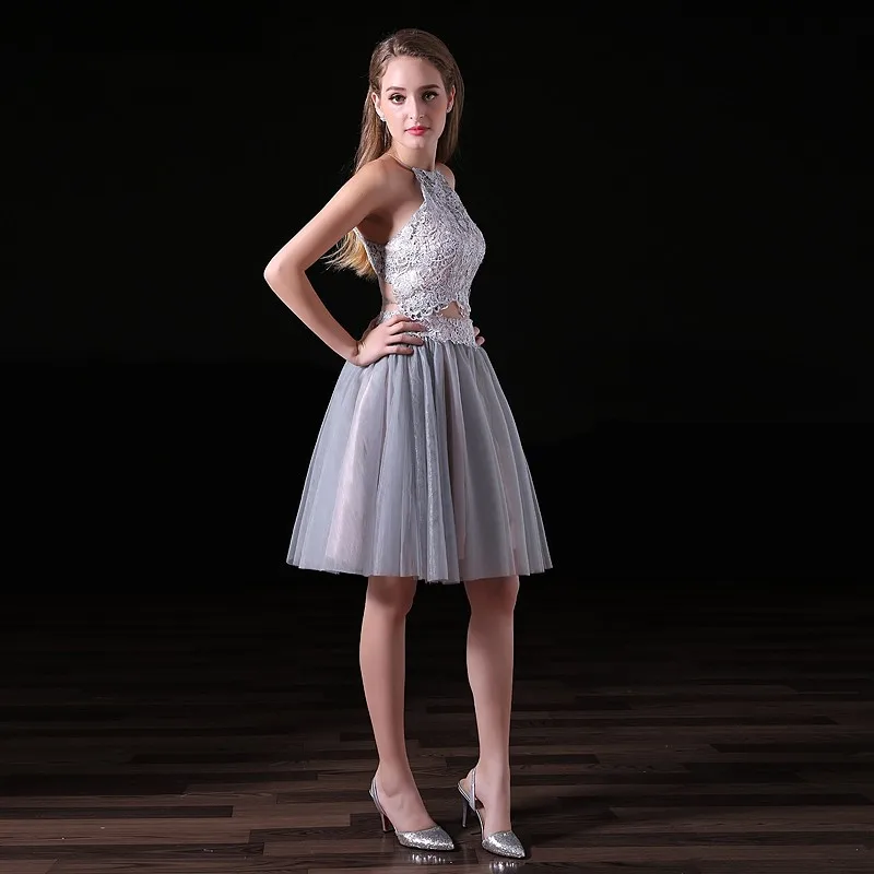 Silver Homecoming Dresses A-line Haler Short Mini Tulle Lace Open Back Elegant Cocktail | Свадьбы и торжества