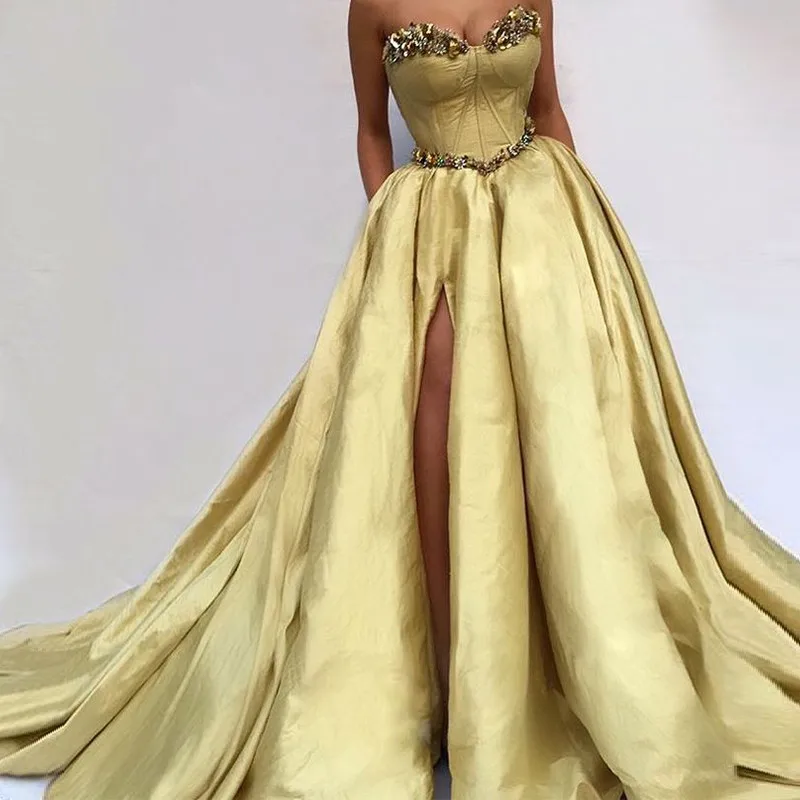 

Formal Muslim Evening Dresses Mermaid Sweetheart Taffeta Crystals Slit Islamic Dubai Saudi Arabic Long Elegant Evening Gown