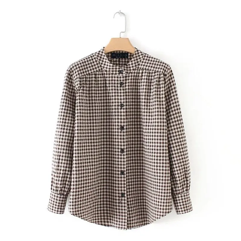 Office Women Blouse Plaid Shirt Vintage Long Sleeve Stand Collar Checked Top Cotton Loose Fashion Blusa |