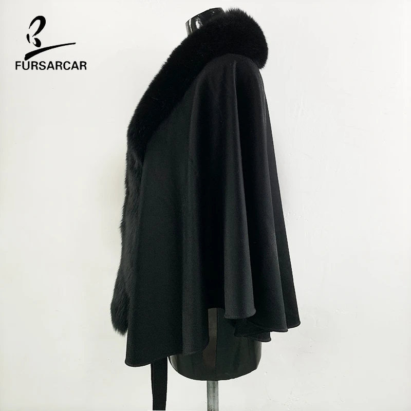Женская шаль из натурального меха FURSARCAR черная шерстяная с поясом большой