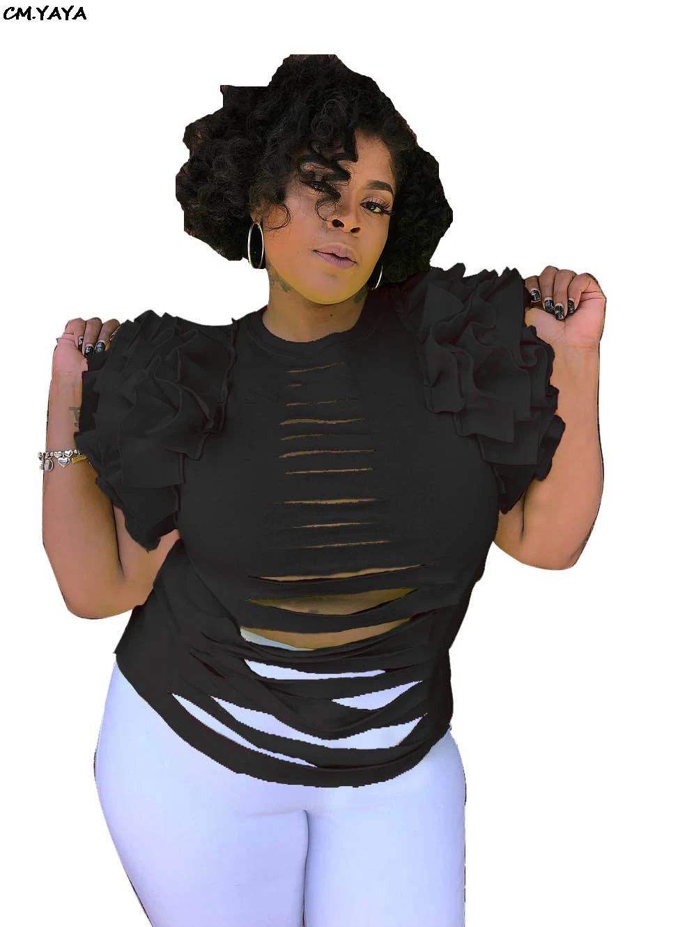 Новинка 2019 Женская Летняя Сексуальная футболка с вырезами каскадными оборками и