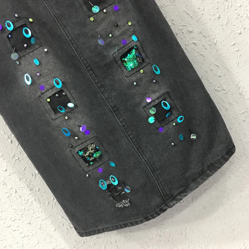 Summer Fall Fashion Designer Women Black Ripped Hole Sequined Placket Pencil Denim Skirt Woman High Waisted Beggar Jeans | Женская