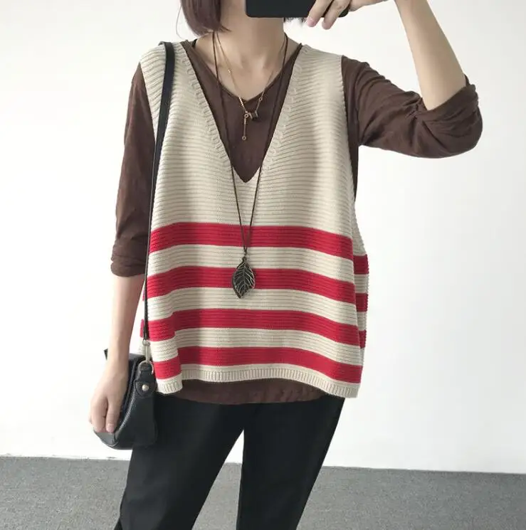 red striped YoYiKamomo, женский свитер, весна, новинка, свободный, размера плюс, Вязанный свитер, Модный пуловер, без рукавов, Повседневная блузка, топы - Цвет: red striped
