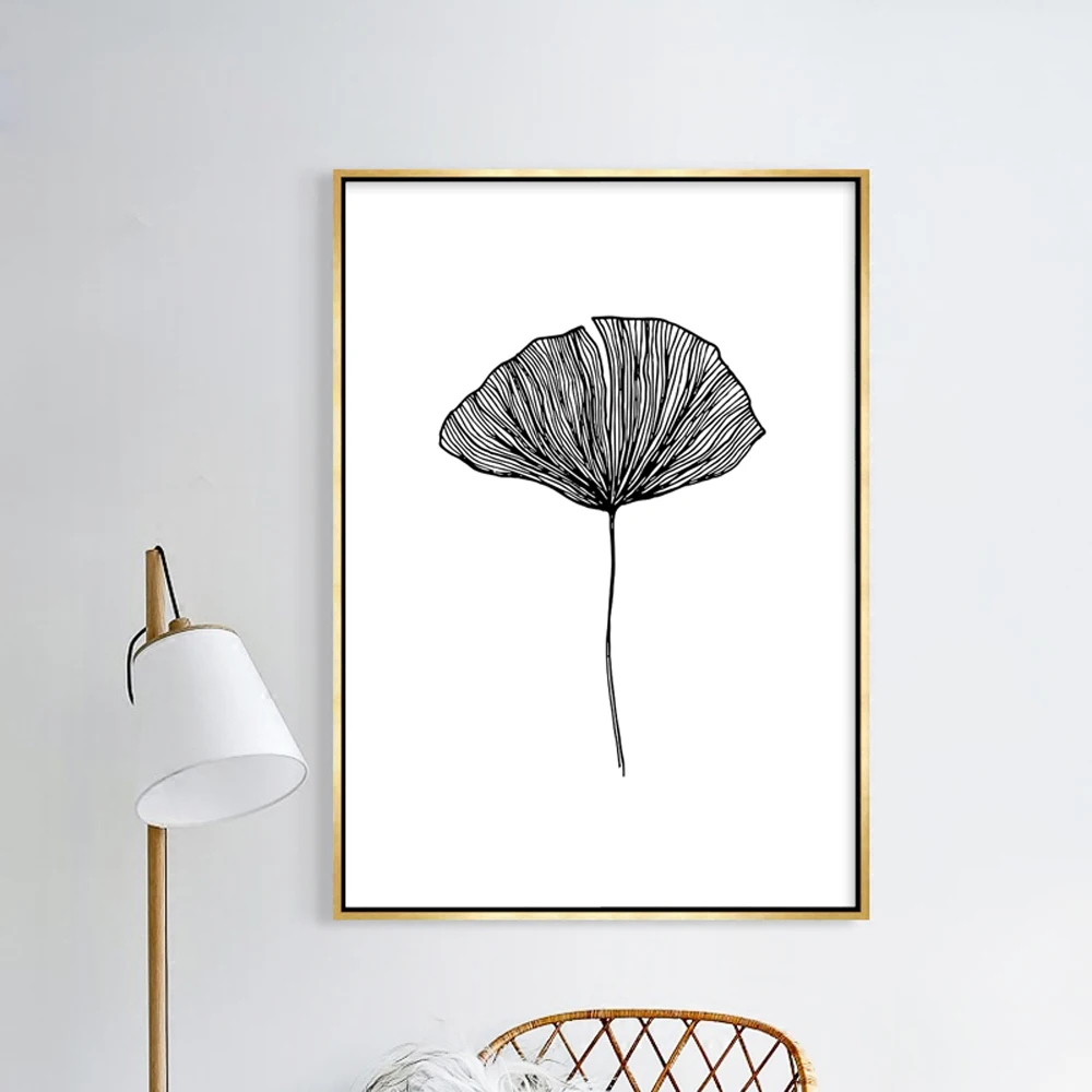 Unframed Canvas Print Painting Poster of Hand-drawn Botanical Simple Style White and Black Line Drawing Ginkgo Leaf LZ523 | Дом и сад