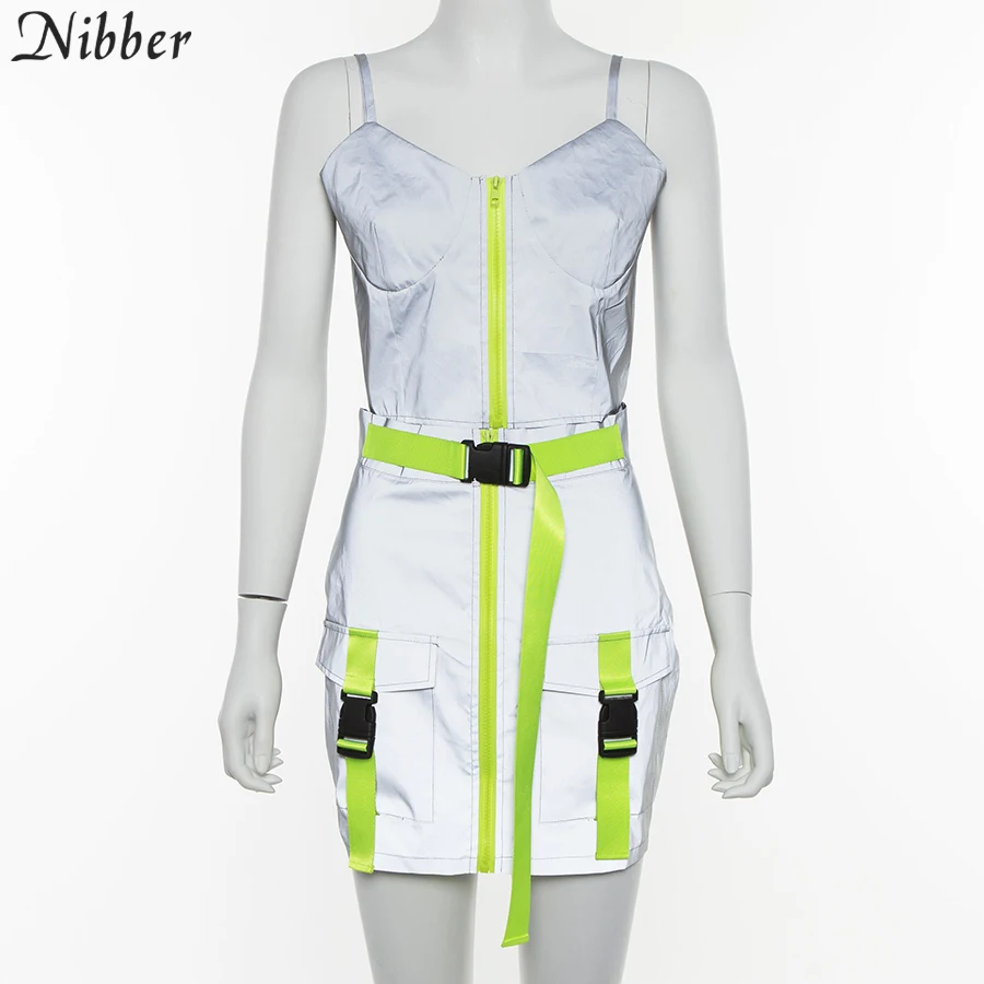 Nibber/распродажа, светоотражающие мини юбки, женские летние Клубные вечерние юбки, модные блестящие комплекты с поясом, лоскутные юбки в стиле хип-хоп, mujer