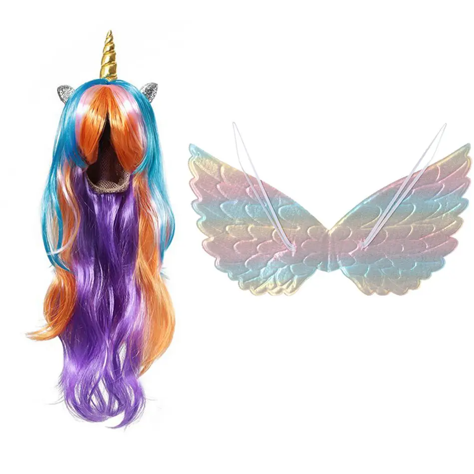 Unicorn Wig B Set 03 MUABABY/парик и крылья единорога для девочек; Детские аксессуары для принцессы; реквизит для костюмированной вечеринки для девочек; одежда для дня рождения - Цвет: Unicorn Wig B Set 03