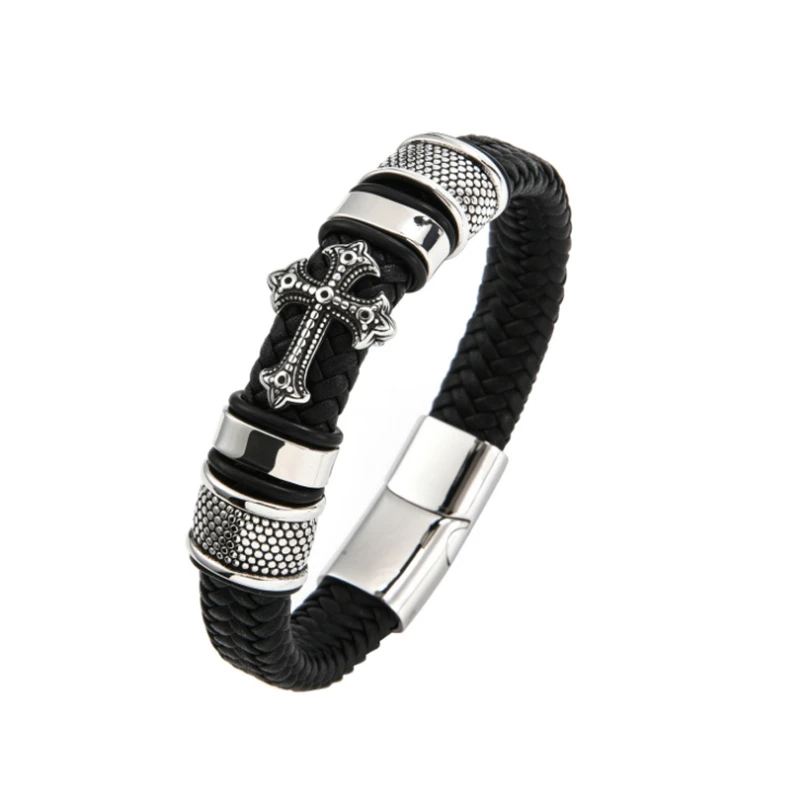 

Braided Leather Men Bracelets Trendy Male Jewelry Homme 316L Stainless Steel Cross Charms Punk Cuff Bangles Pulsera Hombre