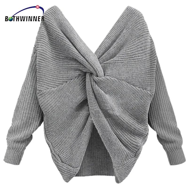 Bothwinner V Neck Twisted Back Sweater Women Jumpers Pullovers Long Sleeve Knitted Sweaters Pull Femme | Женская одежда