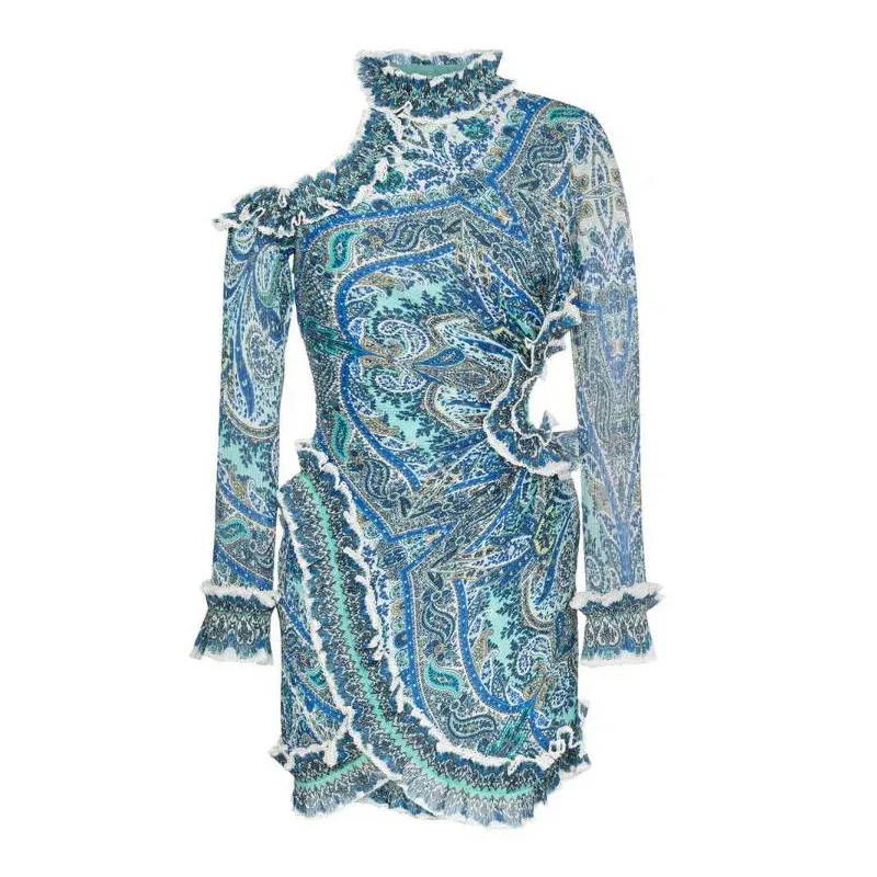 2019 New Sexy Fashion Women Hollow Out Waist Long Sleeve Ruffled Stitching Irregular Print O Neck Straight Omighty Midi Dress | Женская