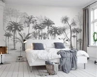 custom wallpaper mural black and white sketch tropical rainforest coconut tree nordic tv sofa background walls 3d wallpaper