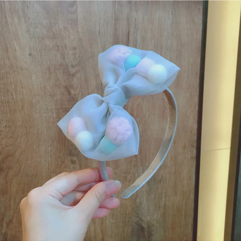 10 шт./лот большой бант марли сетка Hairbands органза волосы лук жесткое оголовье розовый бант с помпоном повязка на голову
