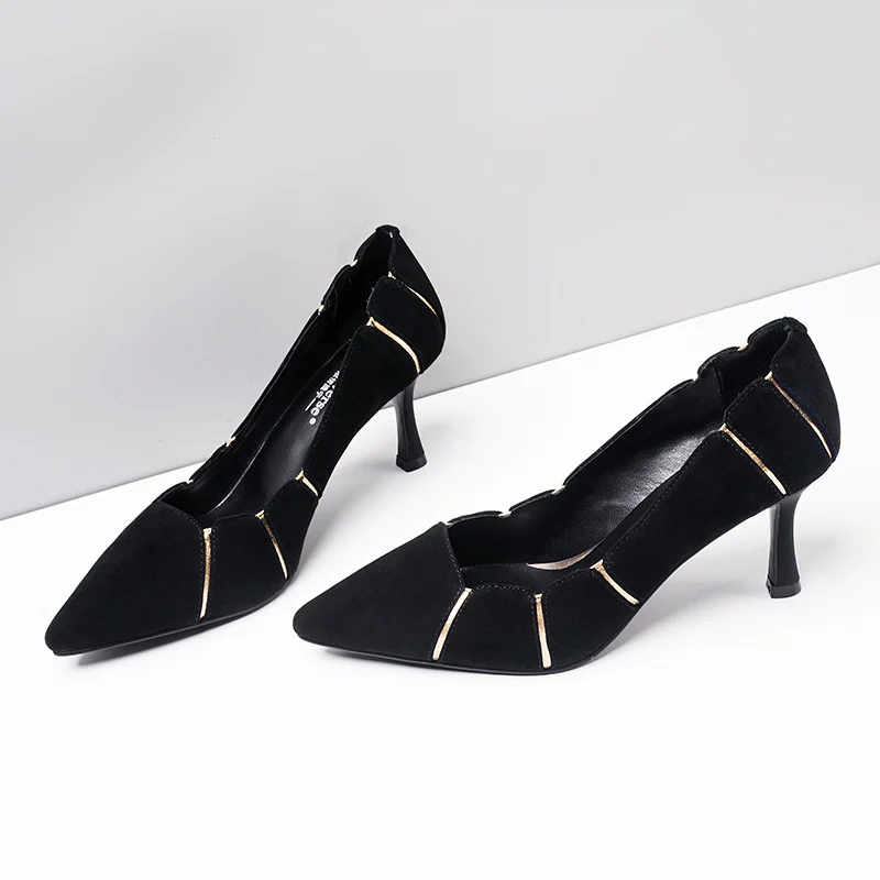 Женские туфли лодочки с острым носком замшевые черные на высоком каблуке 7 см