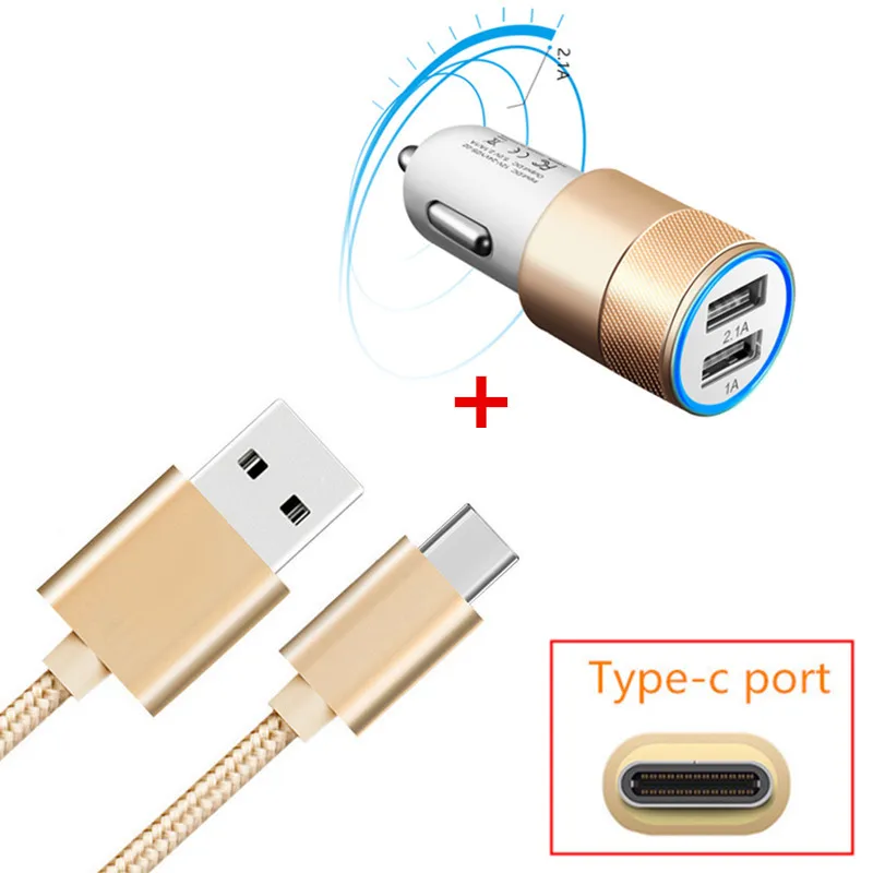 Нейлоновый usb кабель типа C и 2 порта быстрое автомобильное зарядное устройство