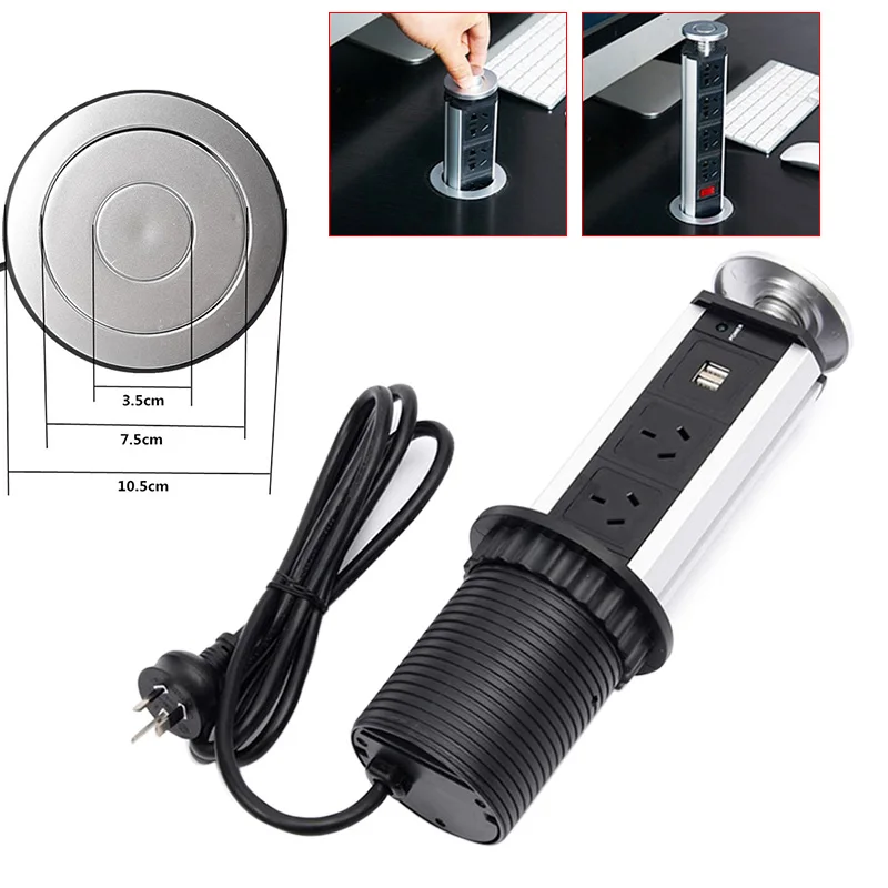 Выдвижная электрическая 3 гнезда 2 USB кухонная офисная настольная розетка