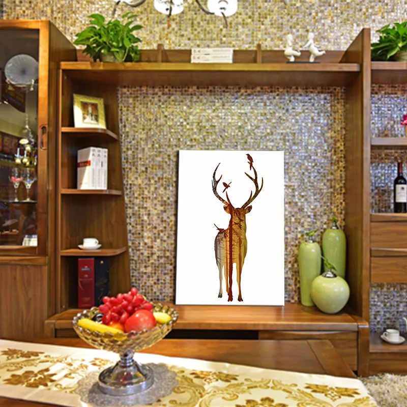 Лесной силуэт олень с птицей холст печать Картина Красочные животные