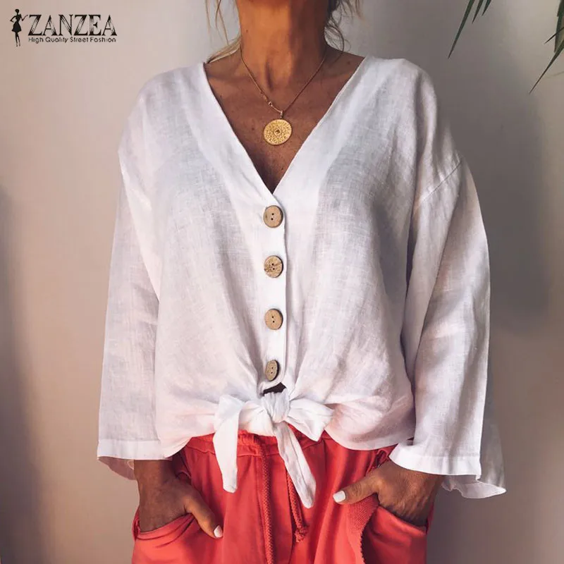 Summer Fashion Blouse ZANZEA Women Long Sleeve Shirt Casual Cotton Linen Tops Sexy V Neck Buttons Down Knot Tunic Plus Size