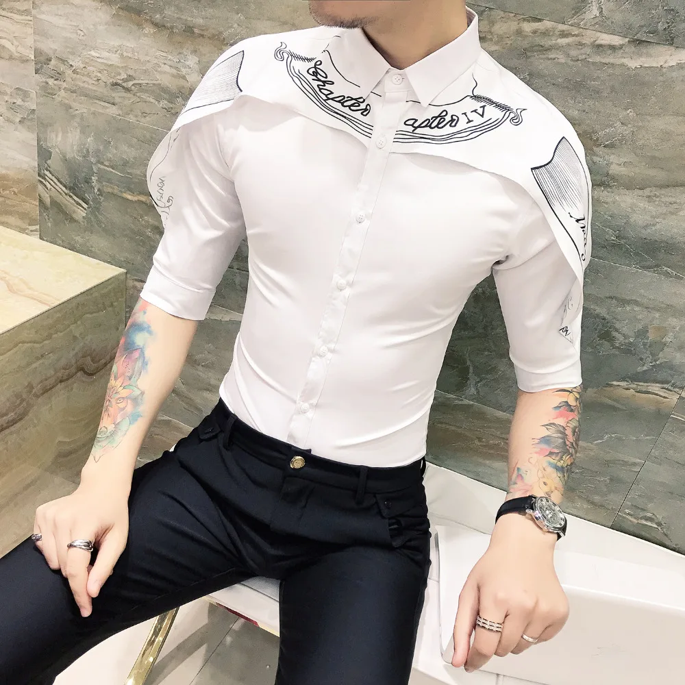 Мужская Повседневная рубашка с коротким рукавом белая приталенная смокинг