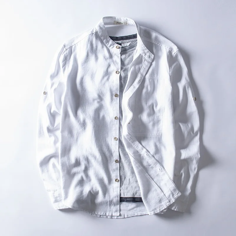 

New designer Italy style long-sleeved linen shirts men brand fashion casual shirt mens flax stand collar M-4XL shirt male camisa