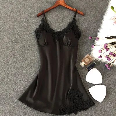black floral Женское сексуальное белье, шелковая ночная рубашка, летнее платье, кружевное Ночное платье, ночная рубашка, ночная сорочка, атласная Домашняя одежда, ночная рубашка - Цвет: black floral