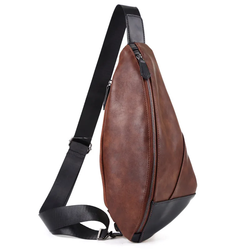 

2021 New Brand Men Chest Pack Hobos PU Leather Shoulder Bag Patchwork Triangle Sling Crossbody Bags male Vintage Travel Bags
