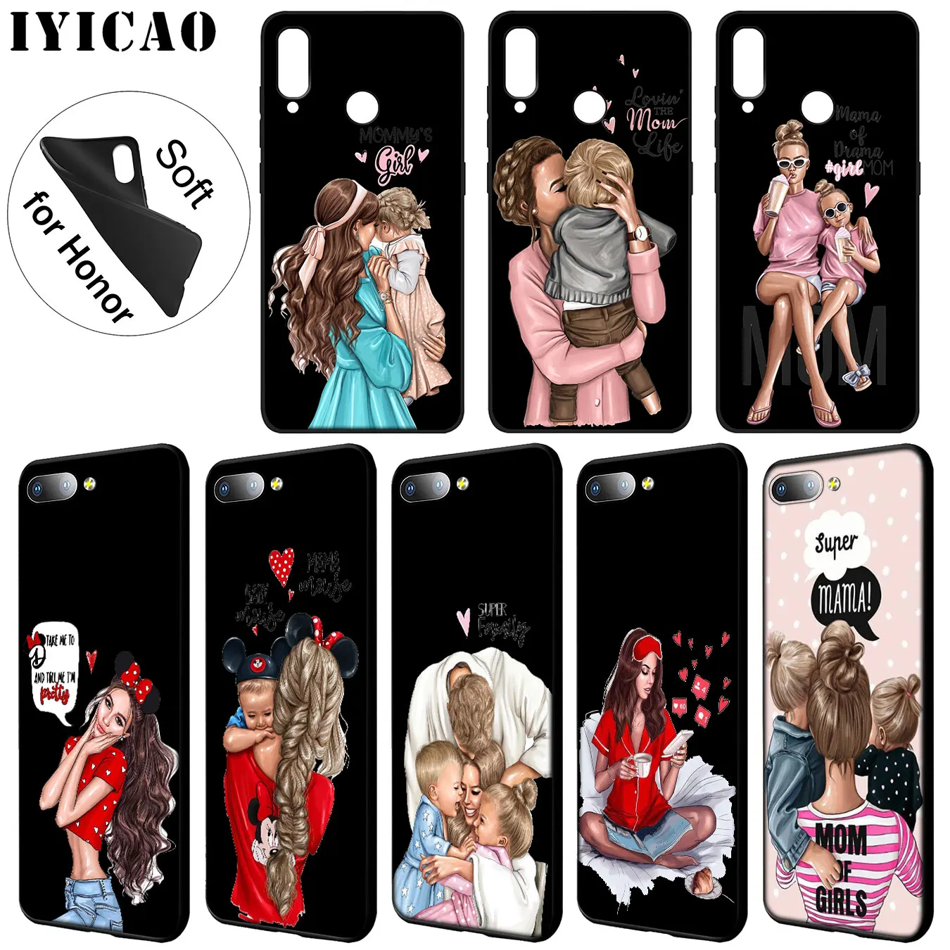 IYICAO Black Brown Hair Baby Mom Girl Queen Soft Case for Huawei Y9 Y7 Y6 Prime 2019 Honor 20 8C 8X 8 9 9X 10 Lite 7C 7X 7A Pro |