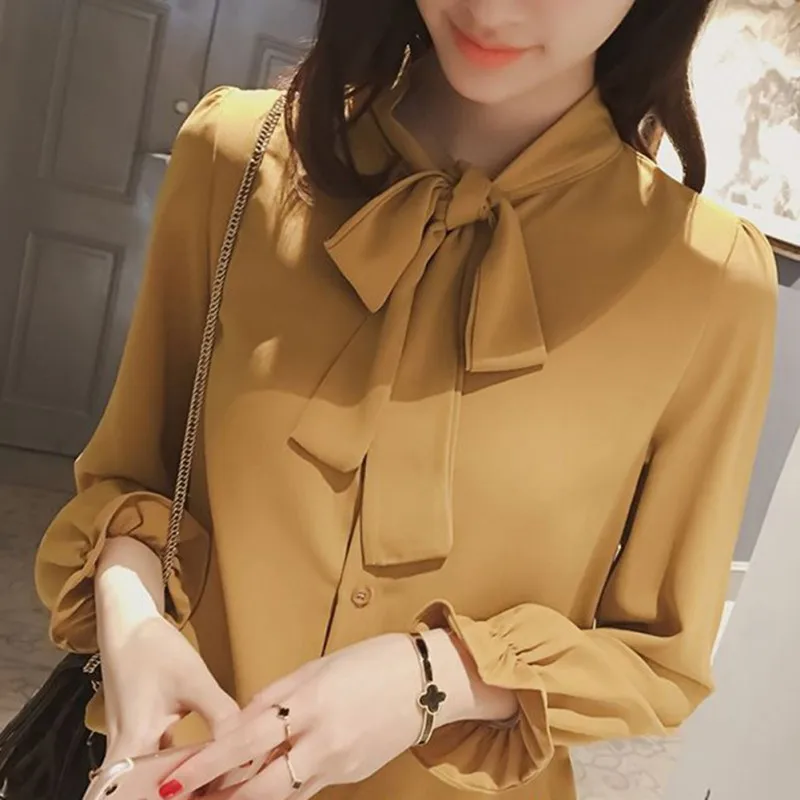 Elegant long sleeve women slim shirt spring fashion colthes bow chiffon blouse office ladies formal plus size tops Yellow