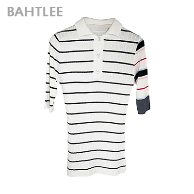 Multicolor BAHTLEE Женская летняя футболка, вязаные короткие рукава, оборки, отложной воротник, пуловеры, джемпер, компьютерная вязка, свитера - Цвет: Multicolor