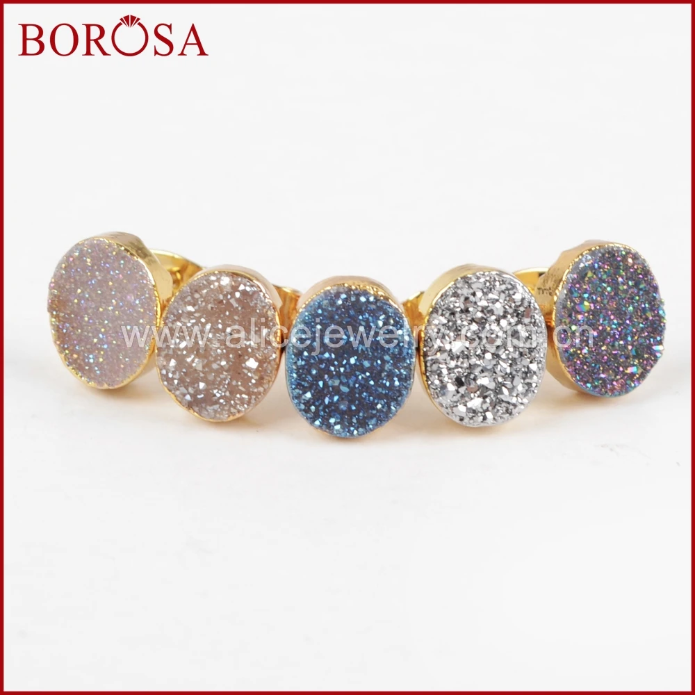 Модные серьги гвоздики BOROSA из настоящего камня овальные золотого цвета с