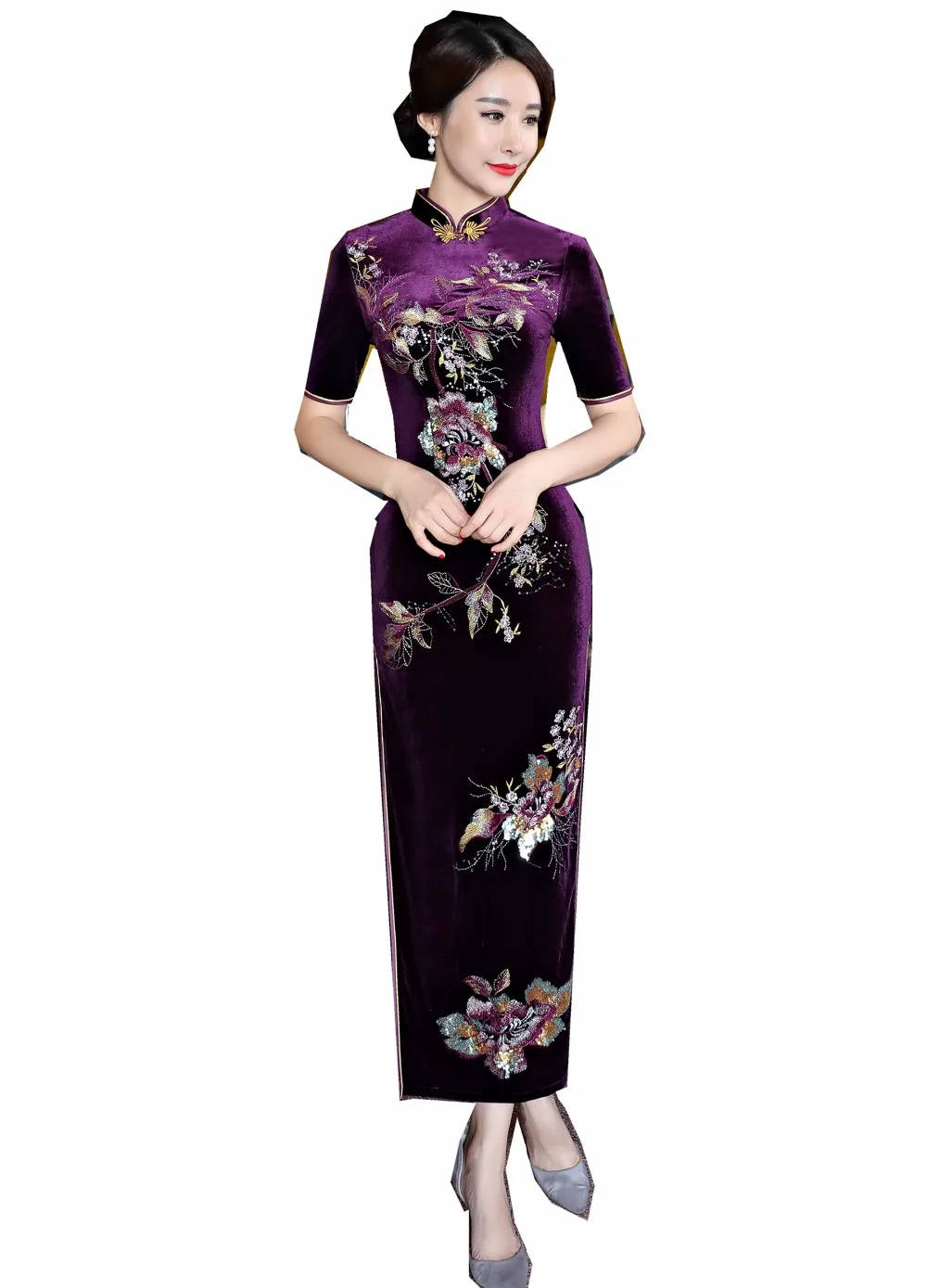 Шанхай история осень Бархат Qipao Цветочная вышивка китайское традиционное платье