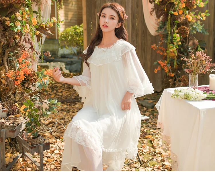 Ночные рубашки с рукавами длинное платье кружевная ночная сорочка бантом одежда