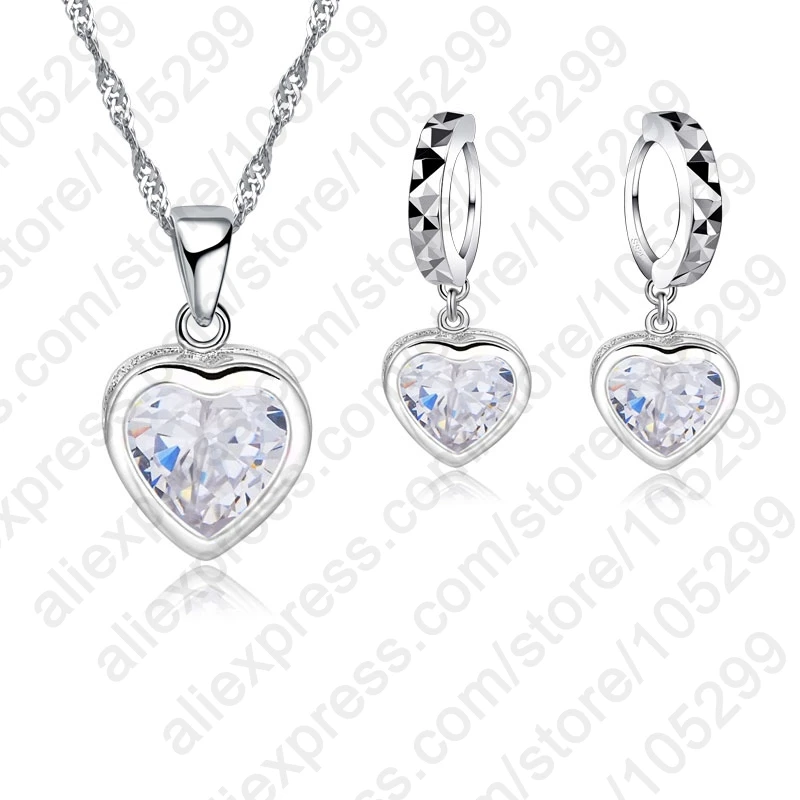 

2020 Free Shipping New Jewelry Heart Shiny Cubic Zircon Set 925 Sterling Silver CZ Necklace+ Dangle/Hoop Earrings Sets