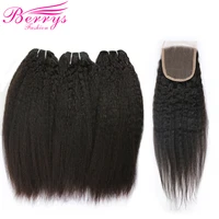 brazilian virgin hair kinky straight human hair 3 pcs bundles with lace closure 4x4 unprocessed human hair weft berrys fashion
