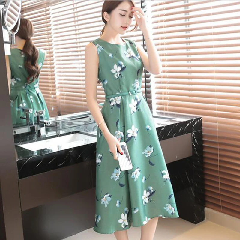 

New Women Nice Summer Dress Leisure Retro Floral Printing Dress Sleeveless O Neck Elegant Long Dress LU118