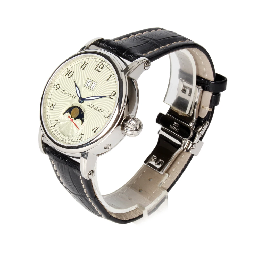 Seagull Moon Phase Авто Дата часы из натуральной кожи выставочный желтый циферблат