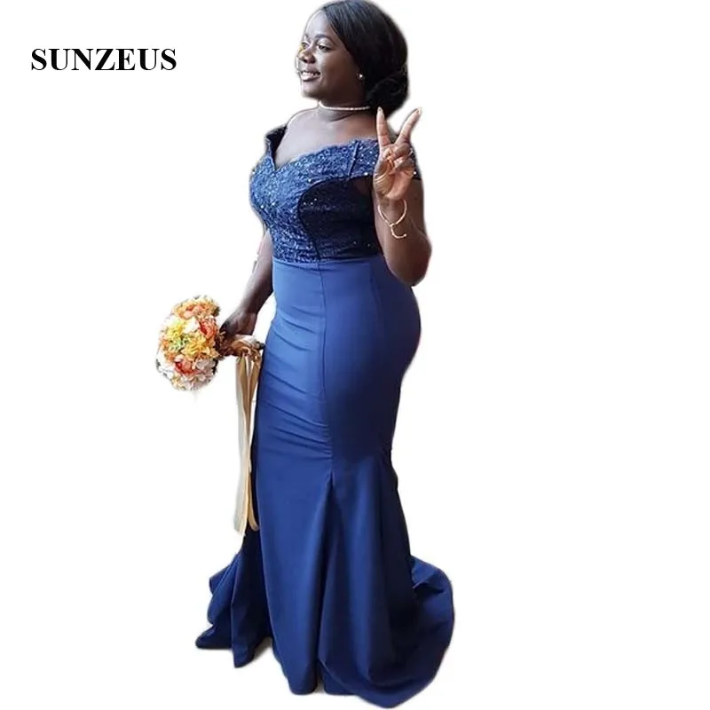 

Navy Blue Satin African Bridesmaid Dresses Sweetheart Off the Shoulder Long Wedding Party Dress for Women vestido longo SBD141
