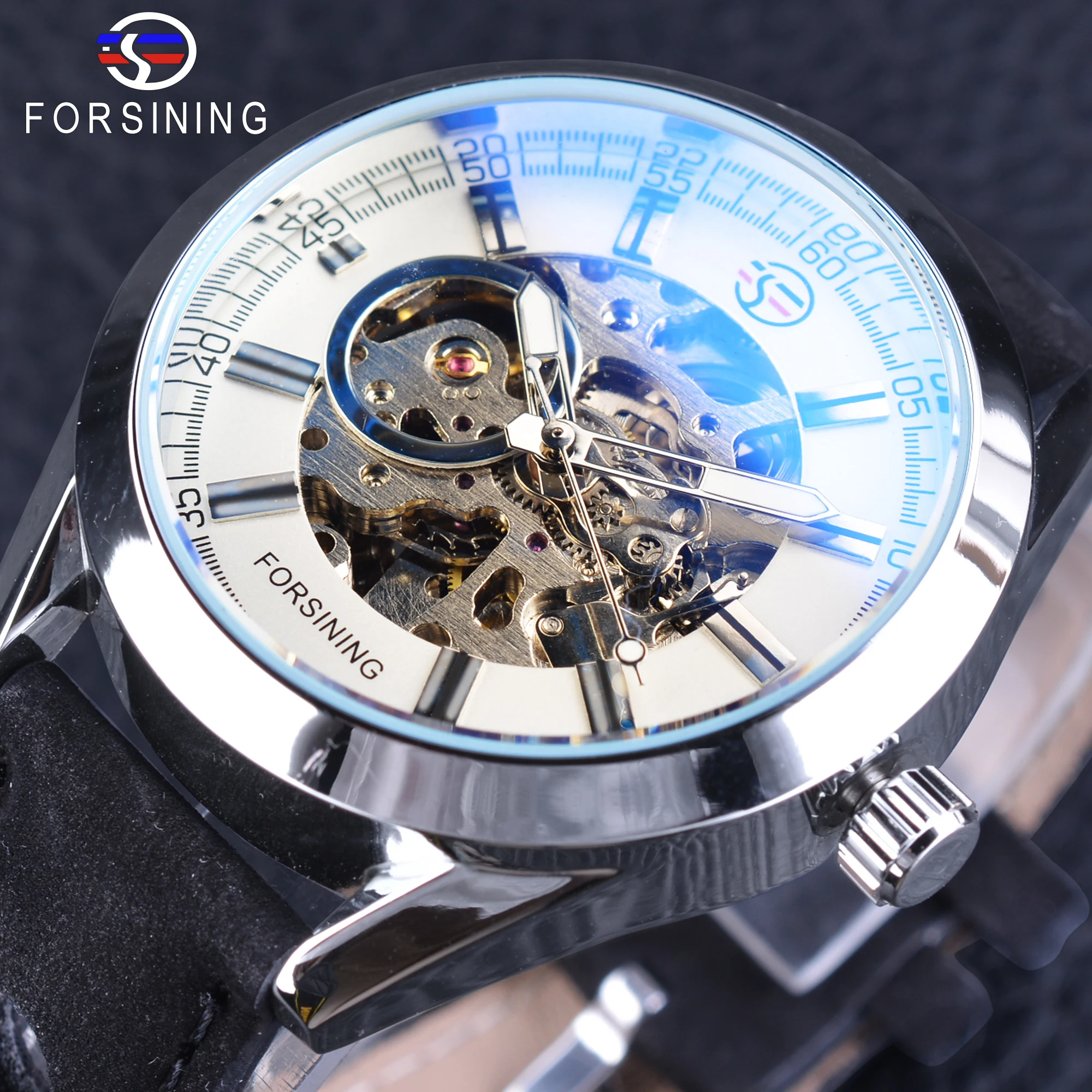 

Часы-скелетоны Мужские механические Forsining, из натуральной кожи, серебристого цвета, с синим стеклом, водонепроницаемые, 2017