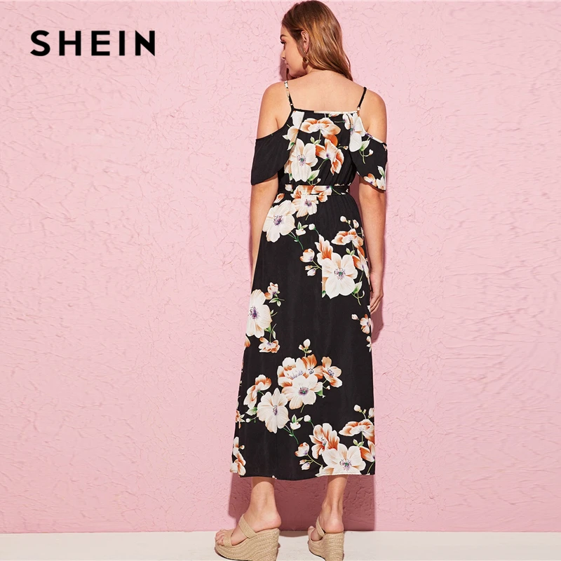 SHEIN, v-образный вырез, цветочный принт, с поясом, с разрезом, до бедра, с запахом, спереди, праздничное платье, женское, летнее, бохо, Пляжное, ТРАПЕЦИЕВИДНОЕ, с высокой талией, длинное платье
