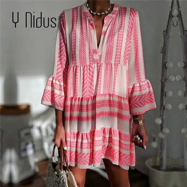 Pink Y Nidus летние полосатые платья Мини женские Boho осенние вечерние короткие пляжные платья повседневные свободные Сарафаны с v-образным вырезом femme Vestidos - Цвет: Pink