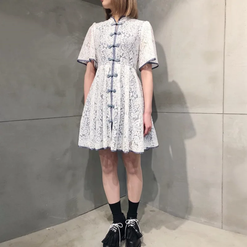 [Ewq] Весенняя Новинка корейский стиль стенд короткий рукав кружево Винтаж buttonloose трендовые женские летние платья женские вечерние QG24000S
