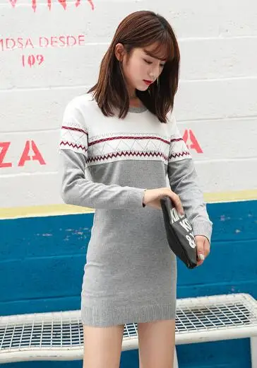 gray girl mini dress Осенне-зимняя базовая одежда, пуловеры, Свитера для влюбленных, женская, мужская, парная одежда, тонкий милый полосатый вязаный свитер для пары, 9901 - Цвет: gray girl mini dress