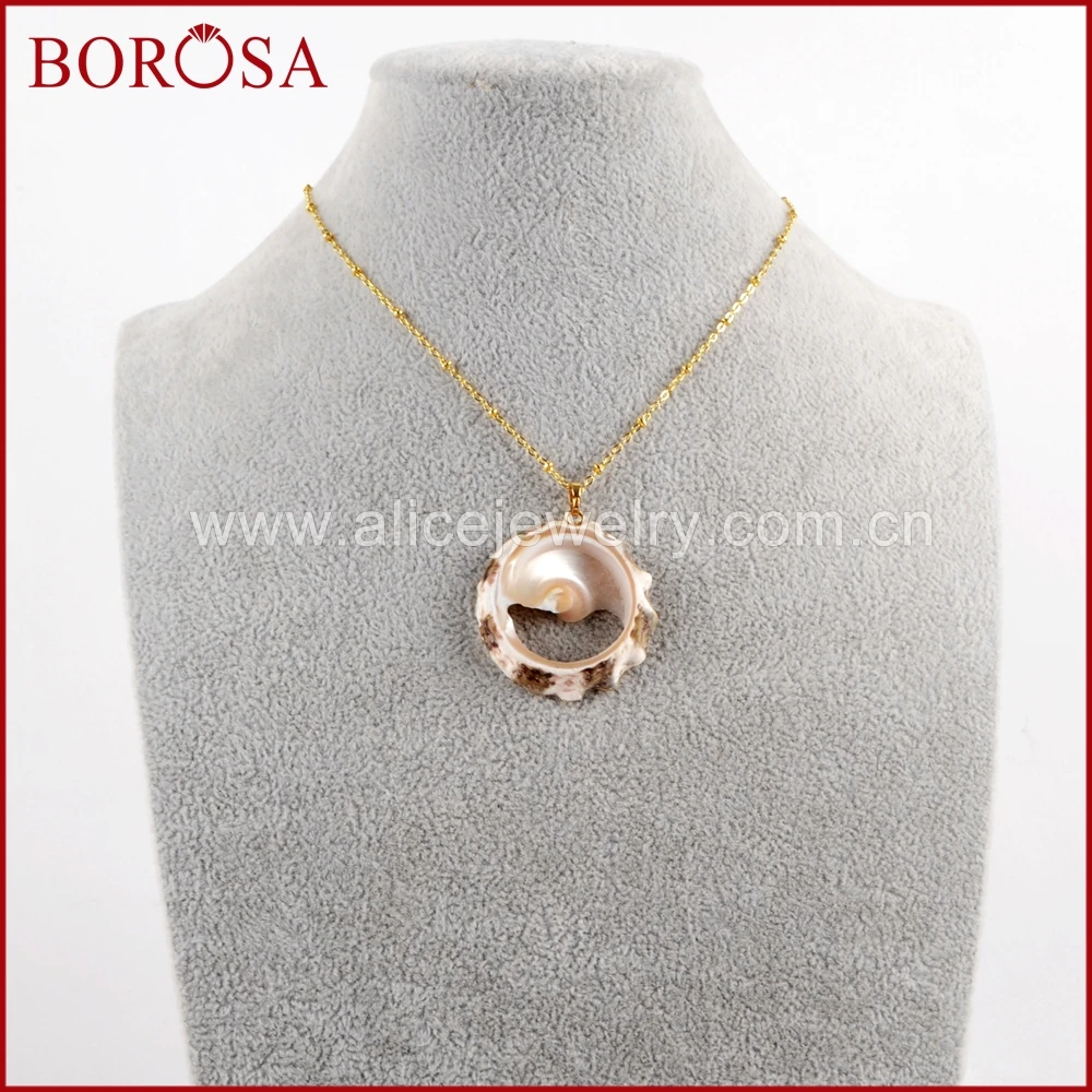 

Круглые Подвески BOROSA из натуральной ракушки с 16 дюймовыми цепочками золотого цвета, ожерелье, модные ювелирные украшения, 5/10 шт.